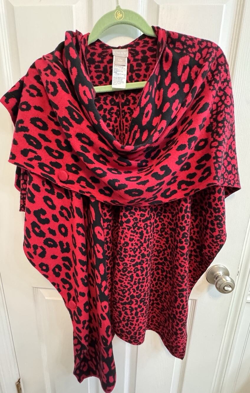 Chicos S/M Red Black Animal Print Wrap Cotton, Nylon, Wool Knit Machine Wash